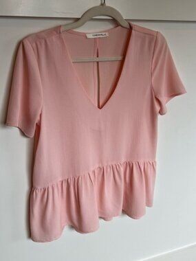 Caramela Pink Peplum Blouse with Sleeves V Neck Open Back Preppy